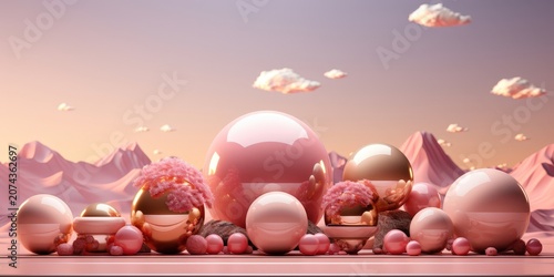 Abstract composition of pink and gold spheres with fluffy structures in a dreamy pink landscape.