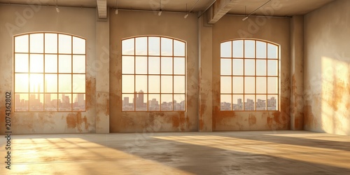 A Spacious Industrial Loft With Three Large Arched Windows Offering a Panoramic View of the City Skyline at Sunset