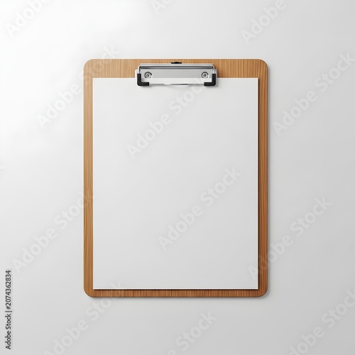 Wooden clipboard with blank white paper studio mockup isolated on white