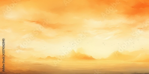 A Golden Hour Landscape With Silhouetted Mountains And Birds Flying Across A Vast, Hazy Sky