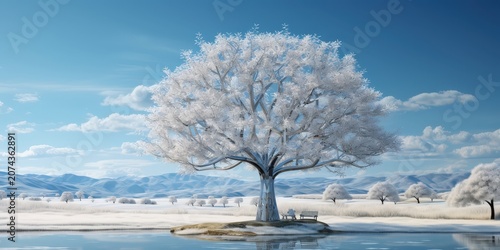 A solitary, snow-covered tree stands tall against a backdrop of snow-dusted mountains and a frozen lake, inviting a sense of tranquility and solitude.