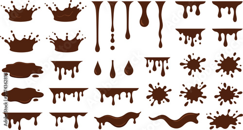 Melting chocolate background elements set with dripping liquid sauce, vertical streams, and crown splash isolated on white background vector illustration.