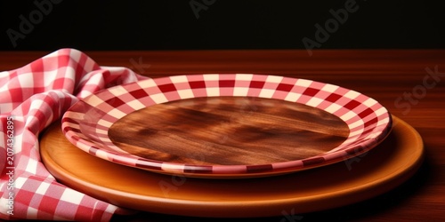 A rustic wooden plate with a checkered pattern, resting on a wooden base, adorned with a red and white checkered napkin, perfect for a country kitchen setting.