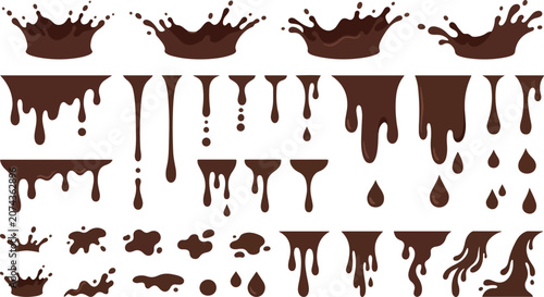 Liquid chocolate drips and splashes silhouettes mega set featuring melting brown syrup, sauce drops, and flows isolated on white background vector.