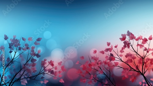 Silhouette of tree branches with delicate leaves against a dreamy, blurred background of pastel blue and pink hues.