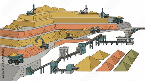 Foto Industrial mining operation with heavy machinery and conveyor belts