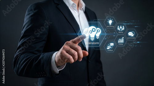 A business brainstorm and creative thinking for strategic planning and idea sharing helps leadership by businessman visualizing solutions on digital interface with futuristic tech and virtual screen.