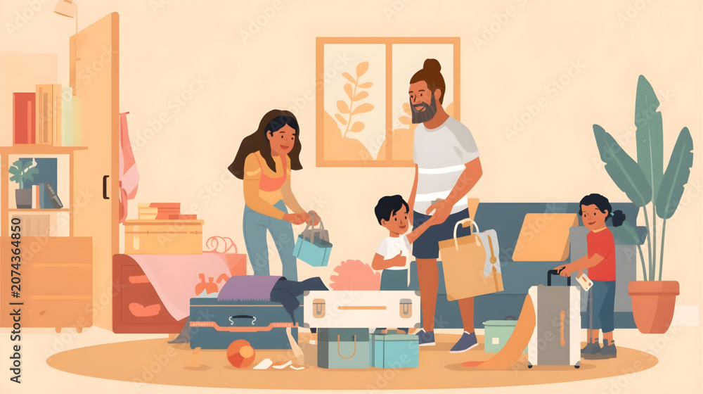 Fototapeta premium Family packing luggage and boxes in living room for travel