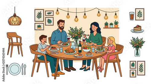 Happy family enjoying a festive dinner together around a table.
