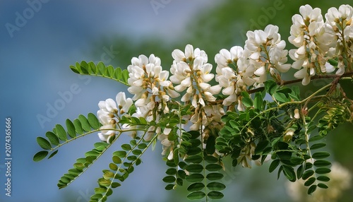 Blooming Acacia Tree Branch With White Flowers And Green Leaves
