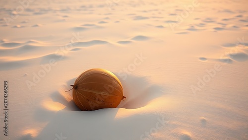 A brown coconut resting in soft sand under warm sunset light.