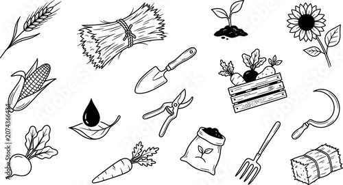 Foto Vector black and white doodle icon set featuring agriculture and gardening eleme