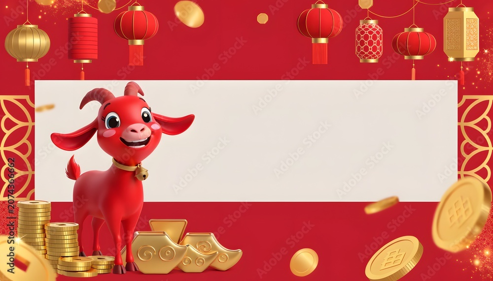 Fototapeta premium Festive Lunar New Year banner template with a cute red goat, traditional lanterns, and gold coins framing a blank horizontal copy space