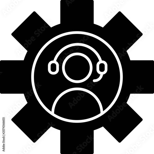 Customer support center icon with call center agent inside a gear symbol