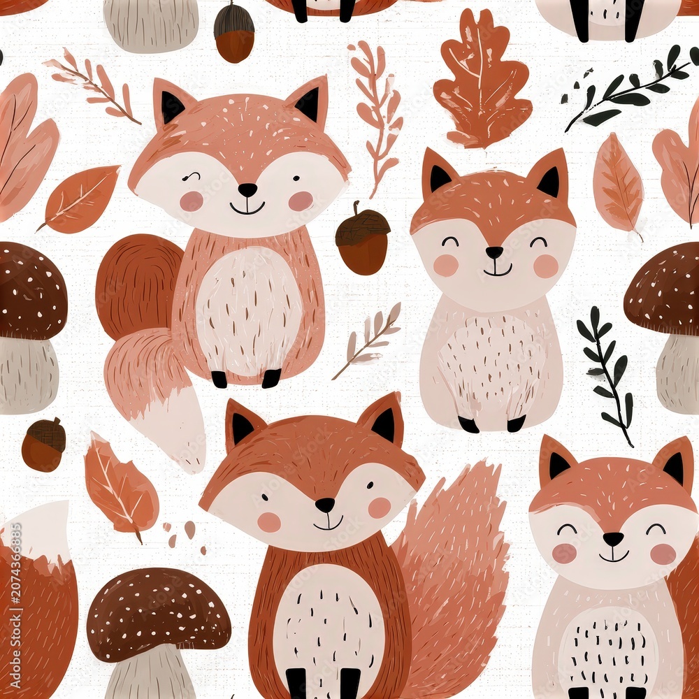 Fototapeta premium Cute fox pattern with mushrooms and autumn leaves, woodland theme, playful nursery illustration, charming animal design. SEAMLESS PATTERN