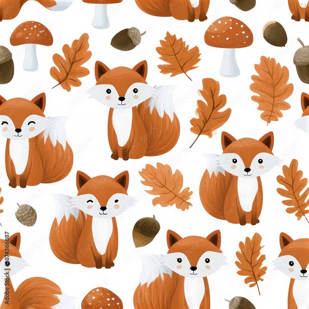 Fototapeta premium Cute fox pattern with mushrooms and autumn leaves, woodland theme, playful nursery illustration, charming animal design. SEAMLESS PATTERN