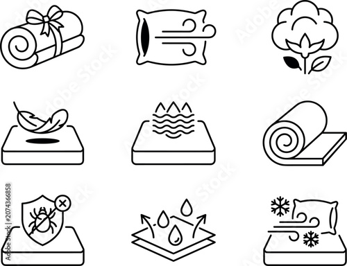 Foto Vector linear icon set featuring mattress properties and bedding textile symbols