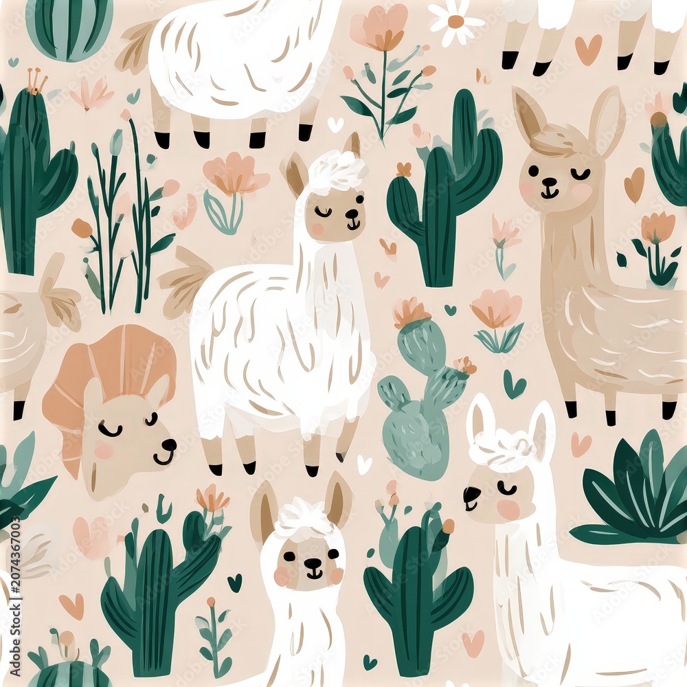 Obraz premium Cute llama pattern with cacti and pastel accents, playful desert theme, nursery illustration, child friendly design. SEAMLESS PATTERN
