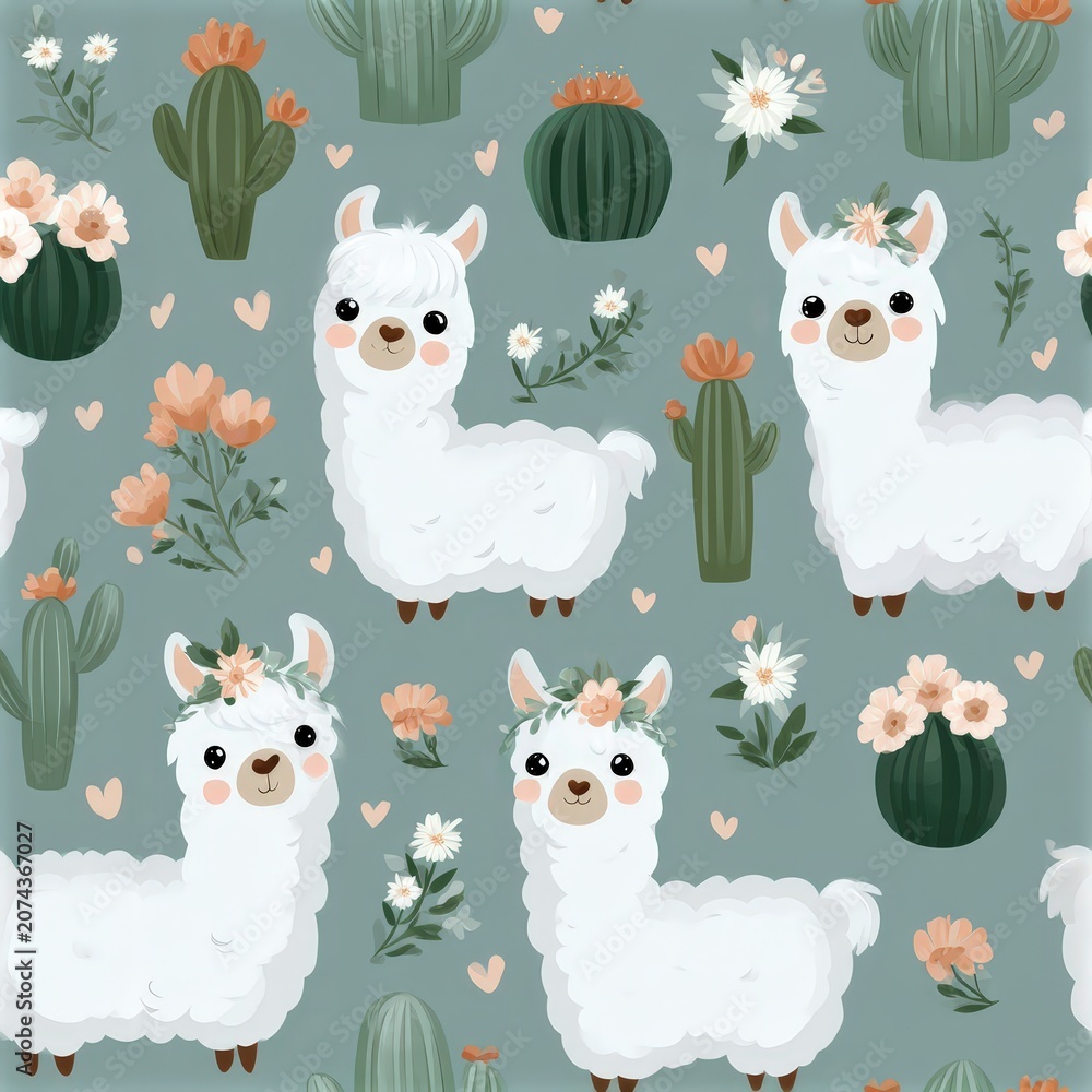 Fototapeta premium Cute llama and cactus pattern in soft pastel tones, playful nursery theme, whimsical animal illustration. SEAMLESS PATTERN