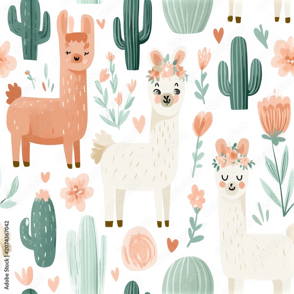 Obraz premium Cute llama and cactus pattern in soft pastel tones, playful nursery theme, whimsical animal illustration. SEAMLESS PATTERN