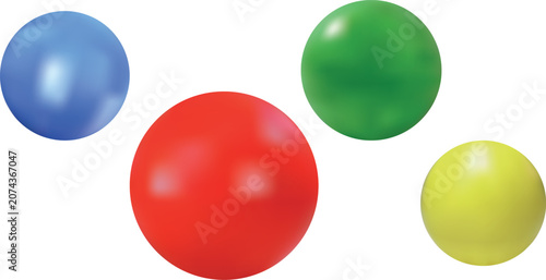 Fényképezés A digital illustration of four shiny balls in blue, red, green, and yellow, arranged on a plain white background with subtle reflections on their surfaces