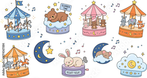 Bild auf Leinwand Cute baby music box vector collection with carousel animals sleeping bear bunny