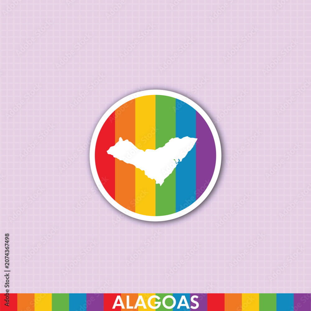 Fototapeta premium Vibrant pride rainbow sticker featuring Alagoas state map shape. Ideal for LGBTQ+ art, social media, prints and merchandise.