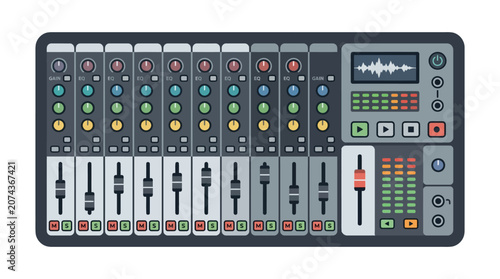 Photos Audio mixer soundboard control panel equipment.