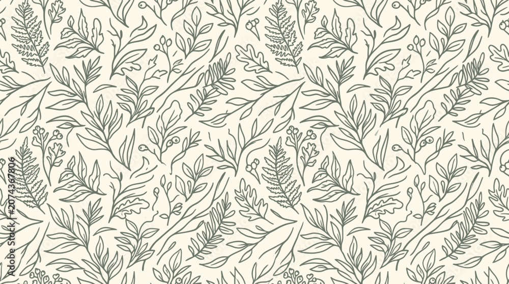 Fototapeta premium An illustration showcases a hand drawn leaf pattern on a seamless background.