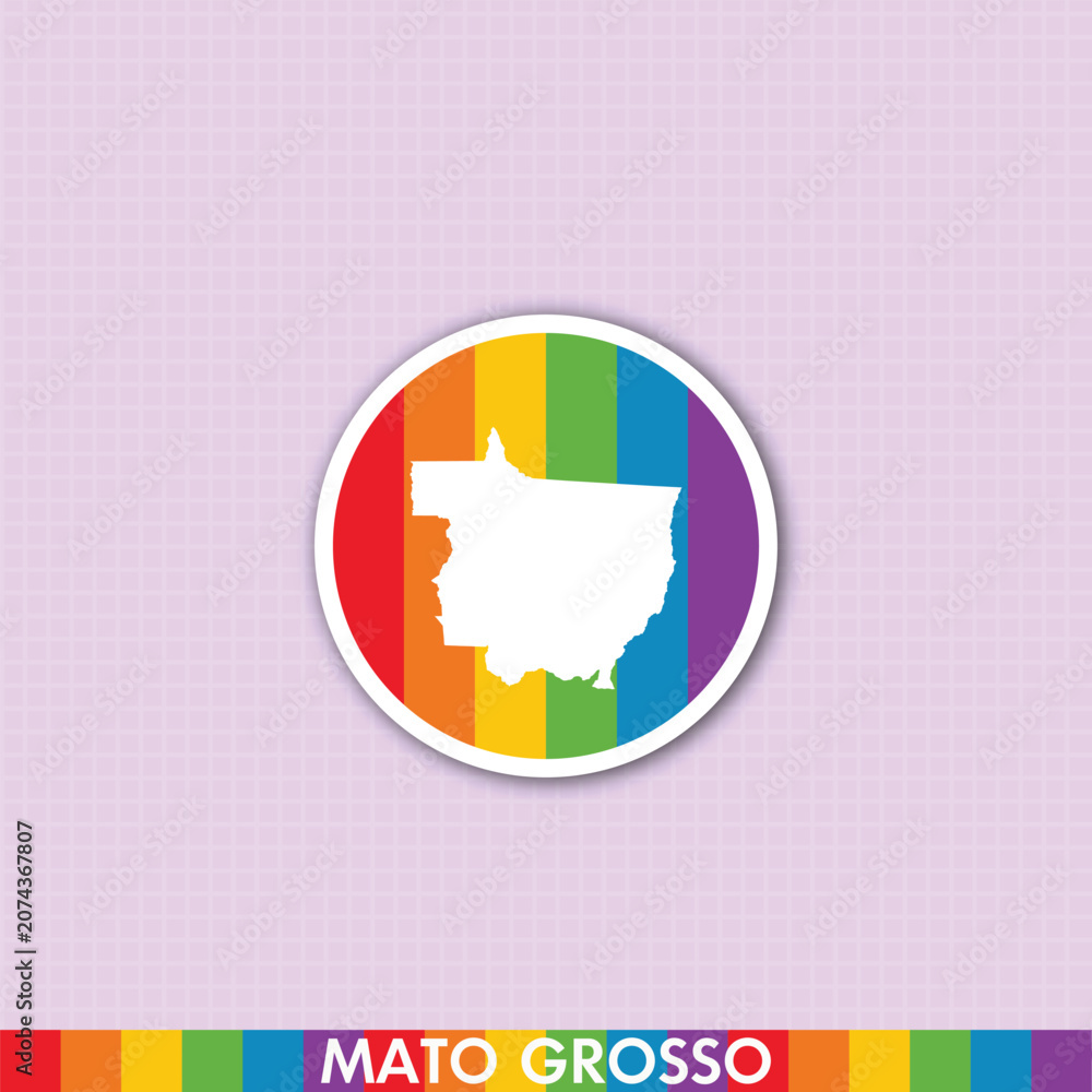 Fototapeta premium Bold rainbow pride sticker featuring Mato Grosso state map shape. Ideal for LGBTQ+ art, merchandise, digital design and print projects.