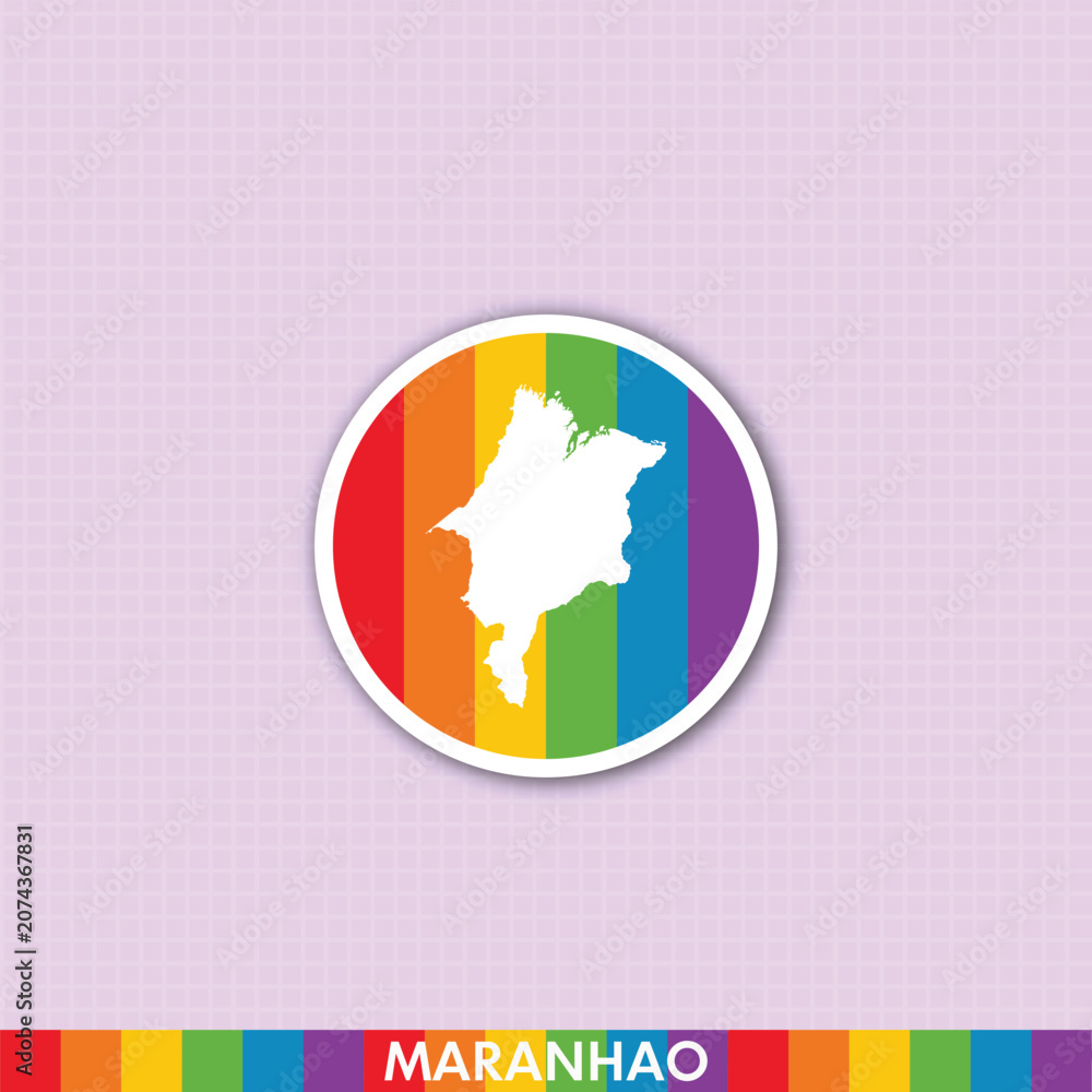 Naklejka premium Vibrant pride rainbow sticker with Maranhão state silhouette. Great for LGBTQ+ themed designs, prints, cards and creative projects.