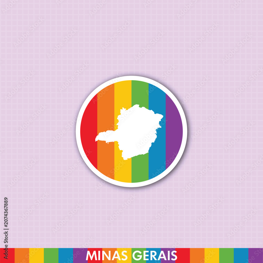 Naklejka premium Colorful pride rainbow sticker featuring Minas Gerais state map shape. Great for LGBTQ+ designs, social media, prints and digital art.