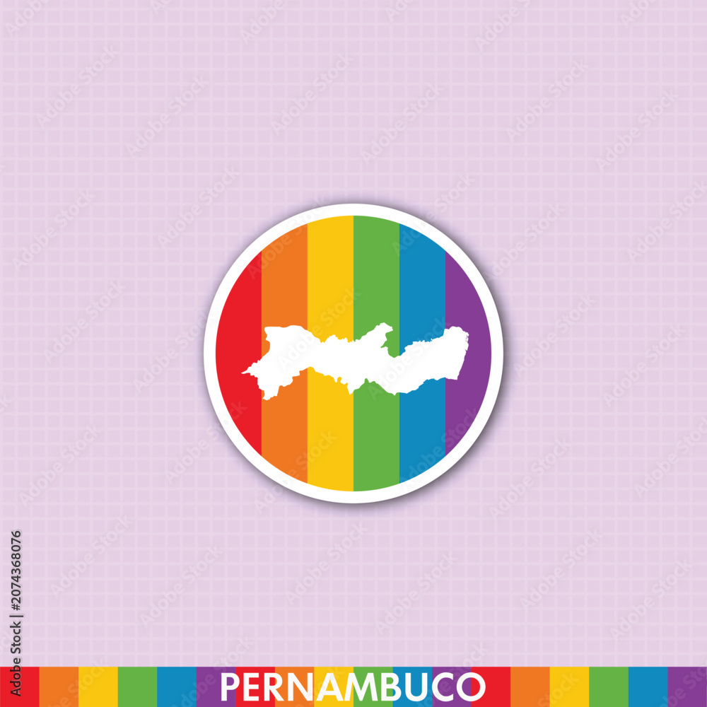 Fototapeta premium Colorful rainbow pride sticker featuring Pernambuco state map shape. Ideal for LGBTQ+ designs, merchandise, prints and digital art.