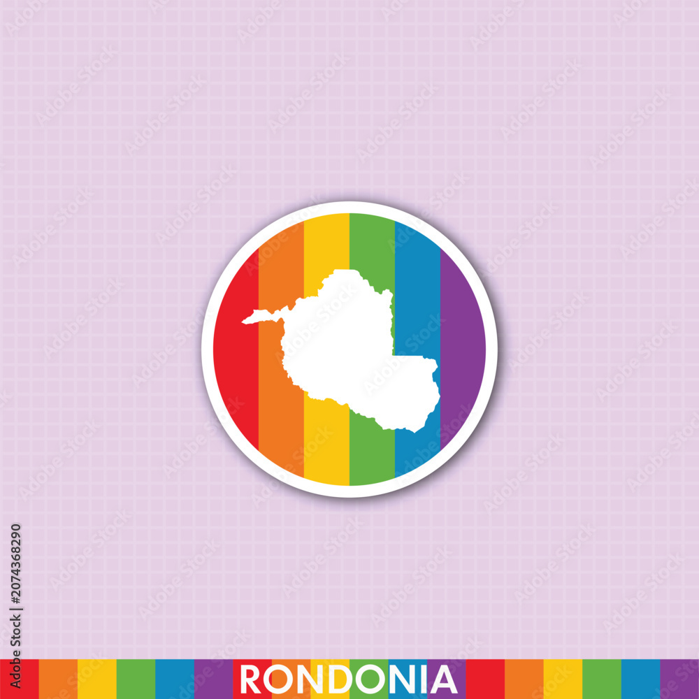 Naklejka premium Vibrant rainbow pride sticker with Rondônia state silhouette. Great for LGBTQ+ themed art, merchandise, prints and digital design projects.