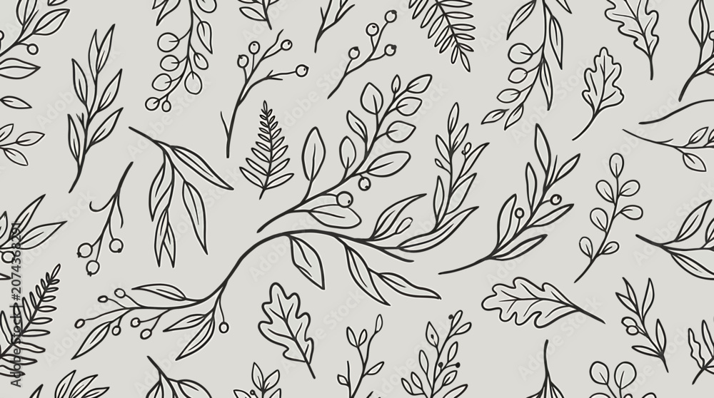 Fototapeta premium An artistic arrangement showcases a hand drawn leaf pattern with various foliage and branches.