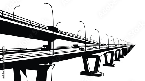 Black and white highway bridge with streetlights