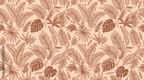 фотографія A hand drawn leaf pattern featuring various tropical leaves on a beige background