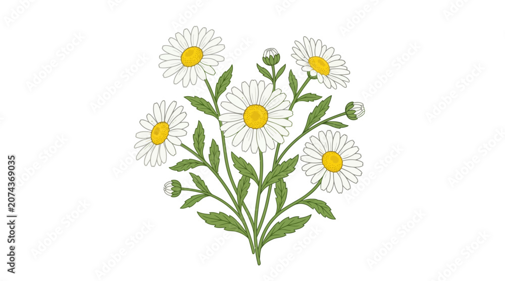 Fototapeta premium Charming daisy flowers illustration with green leaves and buds