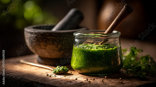 Fresh green pesto sauce in glass jar with stone mortar and pestle cooking tools culinary