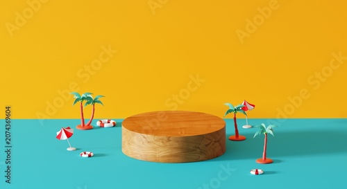 minimalist wooden podium with small palm trees on yellow and blue background 3d rendering