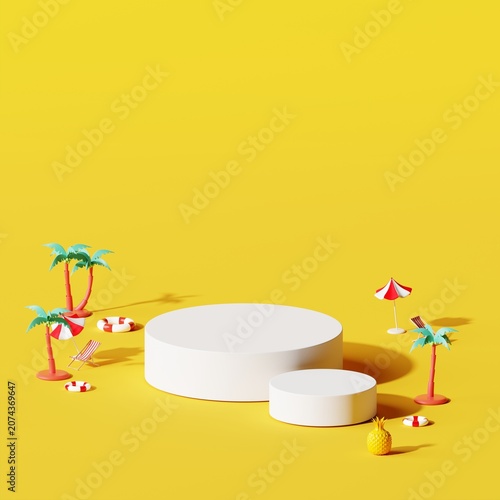 minimalist summer podiums with small palm trees and yellow background 3d rendering