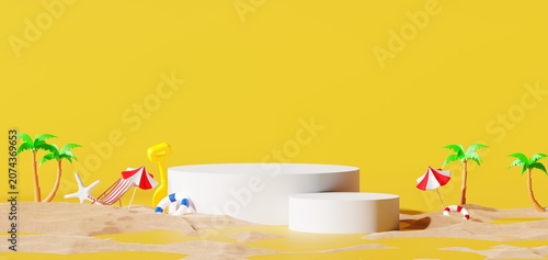 minimalist summer beach podiums with palm trees and yellow background 3d rendering