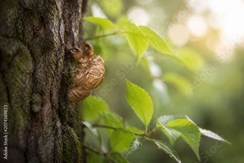 Empty cicada shell on tree bark with green leaves, symbolic transformation in soft morning light.