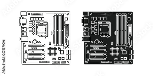 Computer motherboard mainboard circuit board set in outline and solid black style for tech hardware