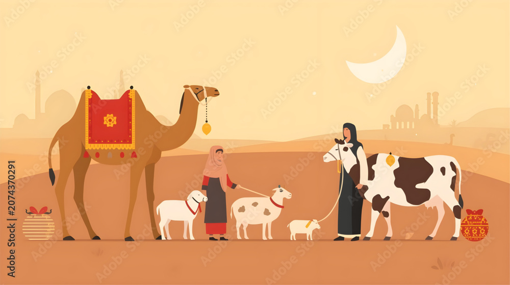 Naklejka premium People walk with camel and cow across desert landscape with crescent moon