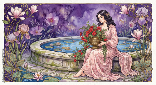 Art Nouveau Style Watercolor Illustration of a Serene Woman Holding Flowers by a Lily Pond