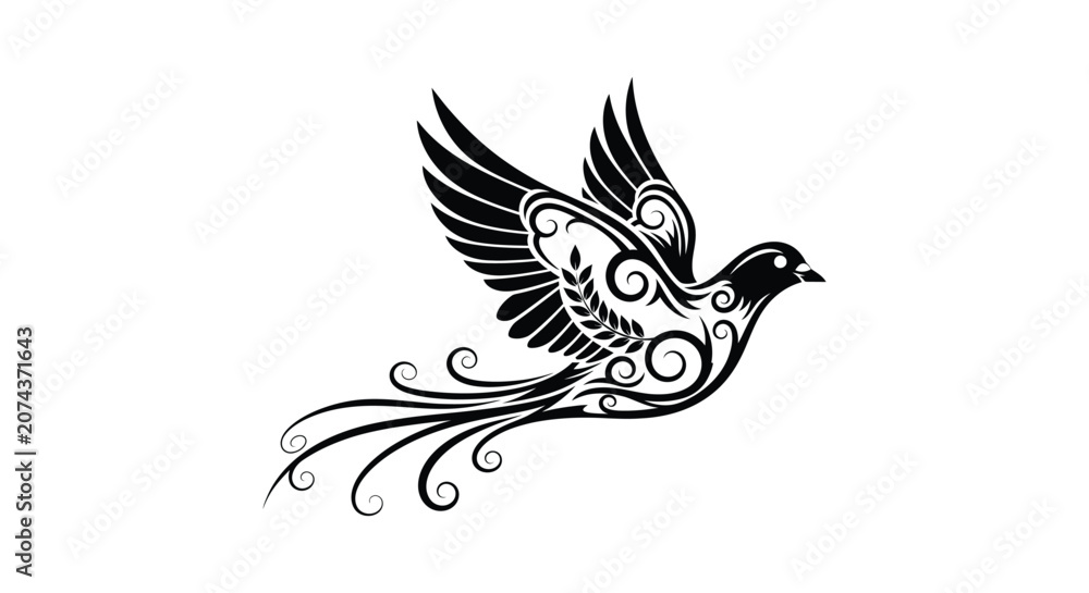 Fototapeta premium Elegant stylized bird with decorative feather pattern flying