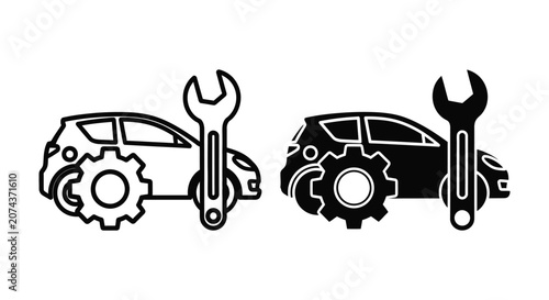 Tech tools with car and gears icon set