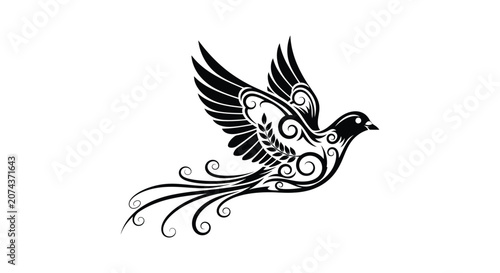 Elegant stylized bird with decorative feather pattern flying