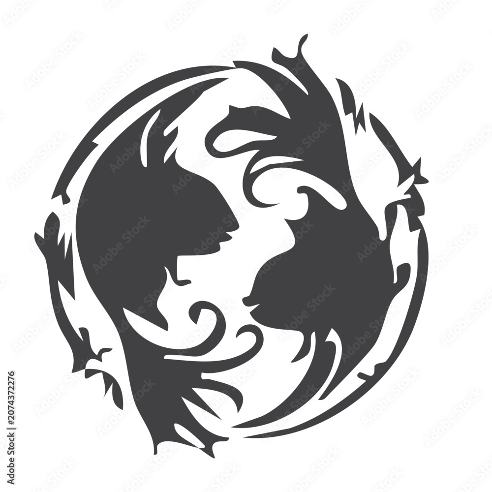 Obraz premium Yin Yang Dragon Circle Symbol Black White Line Art Illustration
